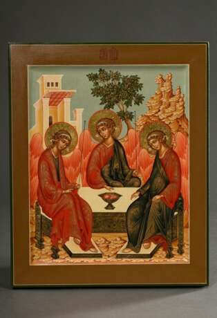 Russische Ikone "Heilige Dreifaltigkeit", alttestamentlicher Typus, 2002 nach altem Vorbild gemalt, Eitempera/Kreidegrund/Holz, 36,6x30,1cm, mit Zertifikat - Foto 2