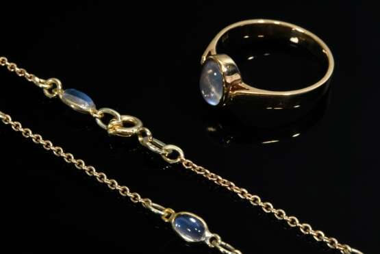 2 Diverse Teile Gelbgold 585 Mondsteincabochon Schmuck: Kette (L. 72cm) und Ring (Gr. 55), zus. 8,9 g - фото 1