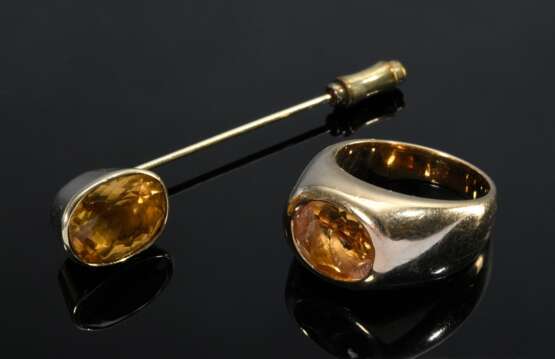 2 Teile Gelbgold 585 Schmuck mit Citrinen: Bandring (18,3g, Gr. 52, Stein defekt) und Krawattennadel (3,3g, 13,6x10,4mm) - photo 1