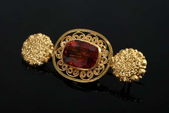 Englische Gelbgold 750 Filigran Nadel mit orangem Hessonit, 19.Jh., Handarbeit, 5g, L. 4,2cm - photo 1