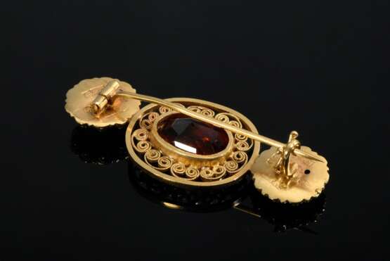 Englische Gelbgold 750 Filigran Nadel mit orangem Hessonit, 19.Jh., Handarbeit, 5g, L. 4,2cm - photo 2