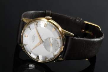 Gelbgold 750 Arsa Chronometer Armbanduhr, Handaufzug, kleine Sekunde, Pfeilindizes, braunes Lederband, 39g, Ø 3,4cm, gangbar (keine Garantie auf Werk und Funktionalität), Glas zerkratzt