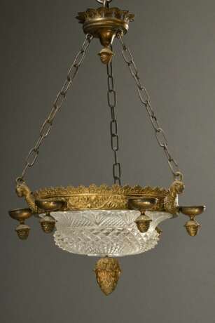 Deckenlampe im Empire Stil mit geschliffener Kristall Kuppel in schwerer Bronze Montierung mit 6 Kerzentüllen, um 1900, Ø ca. 32cm, H. ca. 48cm - Foto 1