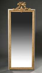 Hochformatiger Kaminspiegel mit plastischer Vasen- und Festonschnitzerei aus Wandvertäfelung, grün-gold gefasst, altes geteiltes Spiegelglas, Ende 18.Jh., 176x71cm