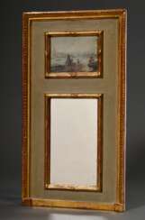 Miniaturspiegel mit Malereiszene im Giebel &quot;Reisende am Fluss&quot;, grün-gold gefasst, um 1780/1800, 56,5x30,5cm