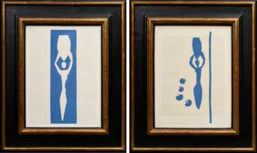 2 Breite schwarze Rahmen im Renaissance-Stil mit vergoldeten Wulstleisten, je mit Farblithographie „Frau mit Amphore&quot; und &quot;Frau mit Amphore und Granatäpfeln“ nach Henri Matisse, FM 40,5x30,8cm, RM 59,5x49cm, le…