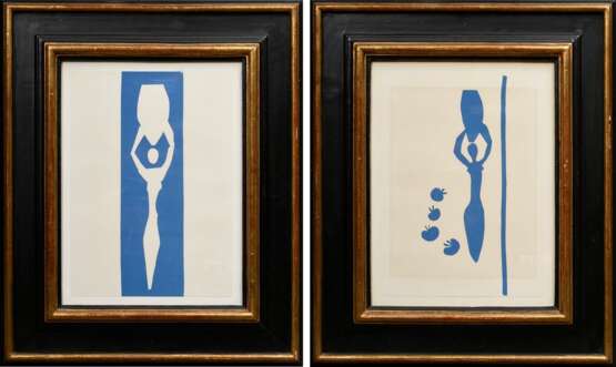 2 Breite schwarze Rahmen im Renaissance-Stil mit vergoldeten Wulstleisten, je mit Farblithographie „Frau mit Amphore" und "Frau mit Amphore und Granatäpfeln“ nach Henri Matisse, FM 40,5x30,8cm, RM 59,5x49cm, le… - Foto 1