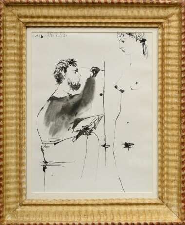 Vergoldete Wellenleiste, mit Druck "Dans l’Atelier" nach Pablo Picasso, FM 38x29,5cm, RM 47x38cm, Altersspuren - Foto 1