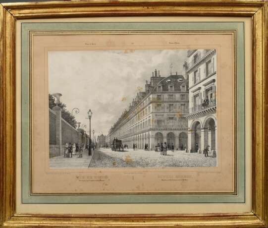 4 Vergoldete Graphik Leisten in schlichter Façon, mit Lithographien "Paris" (stockfleckig), FM 41,5x50cm, RM 46,5x52,2cm, kleine Defekte - photo 5
