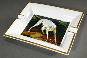 Hermès Aschenbecher mit gedruckter Darstellung „Jagdhund“, außen gedruckte Signatur, Nr. 321, 3,6x19,3x15,7cm