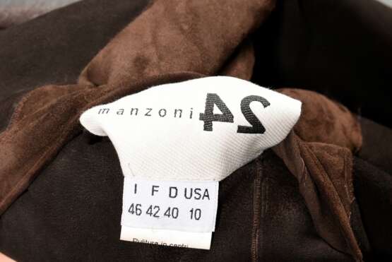 Modischer Manzoni24 Nerz Wendemantel mit Dreiviertelarm und beidseitig aufgesetzten Taschen, Fell dunkelgrau gefärbt, dunkelbraunes Leder, Italien, Gr. 40 - photo 4