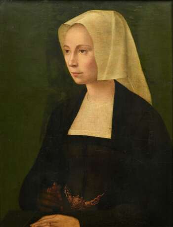 Unbekannter holländischer Meister des 16.Jh. "Portrait einer Dame mit Haube" um 1520, Öl/Holz, parkettiert, 35,8x28,8cm (m.R. 47x40cm), spätere Retuschen, leichtes Craquelé - photo 1