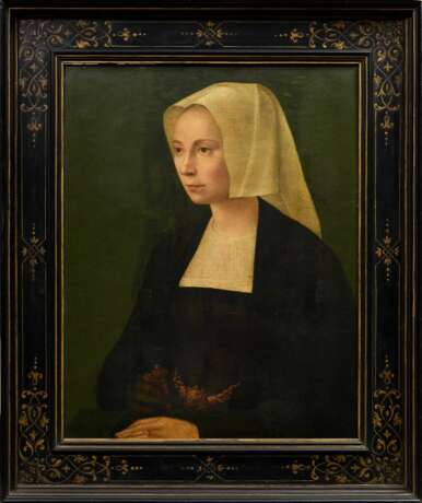 Unbekannter holländischer Meister des 16.Jh. "Portrait einer Dame mit Haube" um 1520, Öl/Holz, parkettiert, 35,8x28,8cm (m.R. 47x40cm), spätere Retuschen, leichtes Craquelé - Foto 2