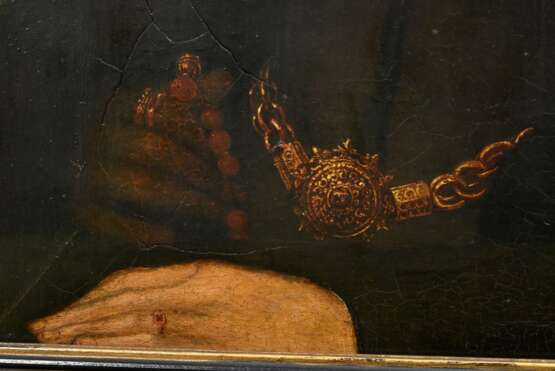 Unbekannter holländischer Meister des 16.Jh. "Portrait einer Dame mit Haube" um 1520, Öl/Holz, parkettiert, 35,8x28,8cm (m.R. 47x40cm), spätere Retuschen, leichtes Craquelé - photo 5