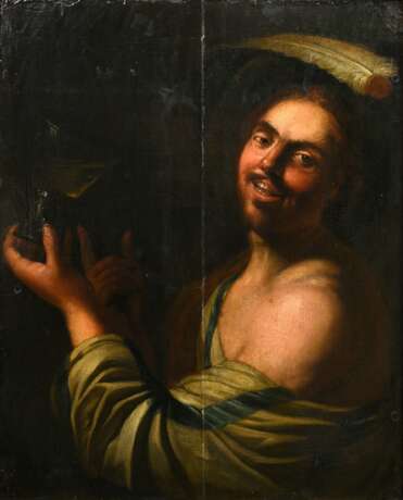 Bijlert, Jan Harmensz. van (1598-1671) "Trinkender Mann" nach Gerrit van Honthorst, Öl/Holz, verso alter Sammlungskleber mit Zuschreibung an Frans Hals, 79x62cm (m.R. 97x79,5cm), mittig Riss, kleine Defekte der… - photo 1