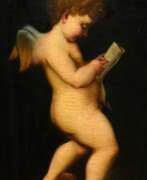 Gemälde. Unbekannter Maler des 18.Jh. &quot;Lesender Amor&quot; nach Antonio Allegri da Correggio (1489-1534), Öl/Leinwand, 70x41,5cm (m.R. 78x50,5cm), Craquelé, Keilrahmen leicht durchgedrückt, rest., Vgl. Pinakothek, https://ww…