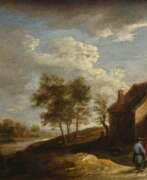 Картины. Teniers, David d. Jüngere (1610-1690) &quot;Flußlandschaft mit Bauernkate und Personen&quot;, Öl/Holz, parkettiert, u. M. monogr., hinter Glas, 17,6x22,6cm (m.R. 30x34,5cm)