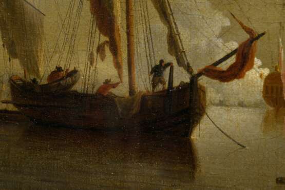 Unbekannter Künstler des 17.Jh. "Holländische Marine mit Salut schießendem Schiff", Öl/Leinwand doubliert, hinter Glas, 25,2x28,4cm (m.R. 33,6x36,5cm), leichtes Craquelé, rest. - фото 5