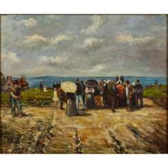 HUBER, F. (?, undeutlich signiert; Maler/in 20. Jahrhundert), "Flanierende am Strand",