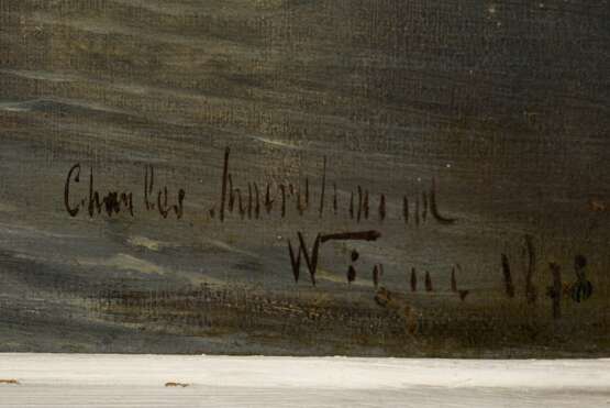 Unbekannter Künstler des 19.Jh. (Charles ?) "Palast an der Adria" 1878, Öl/Holz, u.r. undeutl. sign./dat./bez., verso Klebeetikett "Galerie Commeter/Hbg.", 32x53 (m.R. 45,5x66,5cm) - photo 3