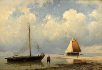 Koekkoek, Jan Hermann Barend (1840-1912) „Fischerboote am Strand“ 1860, Öl/Holz, u.r. sign./dat., 24,8x36cm (m.R. 44,5x55,5cm)