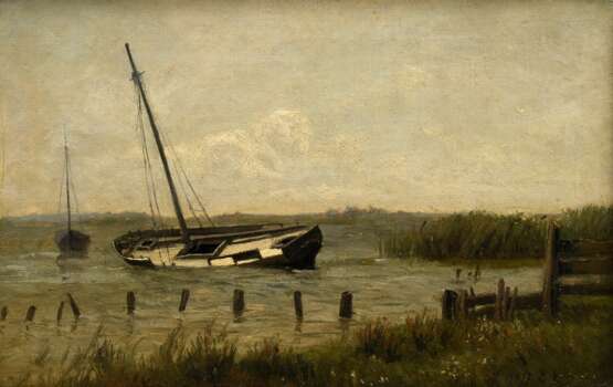 Leistikow, Walter (1865-1908) „Gekentertes Segelboot am Ufersaum“ 1884, Öl/Leinwand, u.r. sign./dat., verso auf Klebeetikett bez., Prunkrahmen, 25,6x39,8cm (m.R. 43x57cm) - photo 1