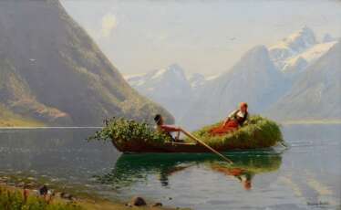 Dahl, Hans (1849-1937) „Kahnfahrt auf dem Fjord“, Öl/Leinwand, u.r. sign., verso auf Klebeetikett &quot;Galerie Commeter/Hbg.&quot; bez., Prunkrahmen (leicht berieben), 46,5x75,5cm (m.R. 72,5x100,5)