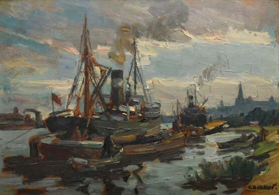 Dekkert, Eugene (1865-1956) "Verladekai Stettiner Hafen", Öl/Malpappe, u.r. sign., verso bez., 35,5x50cm (m.R. 44,5x59,5cm) - photo 1