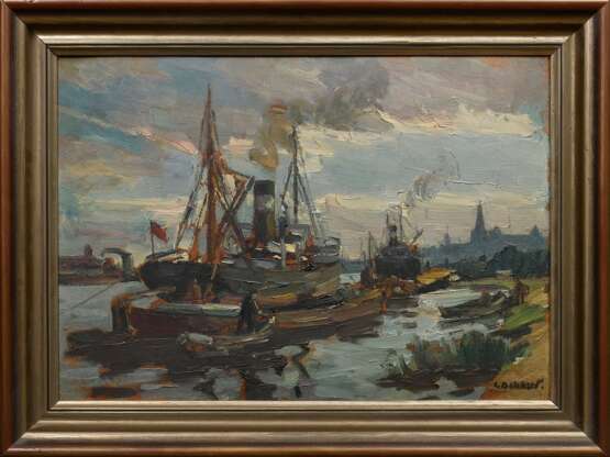 Dekkert, Eugene (1865-1956) "Verladekai Stettiner Hafen", Öl/Malpappe, u.r. sign., verso bez., 35,5x50cm (m.R. 44,5x59,5cm) - фото 2