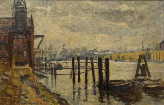 Jensen, Carl Hans (1887-1961) zugeschrieben "Hamburger Hafen" 1955, Öl/Malkarton, u.l. sign., 25,6x39,5cm (m.R. 45x58,3cm) - Foto 1