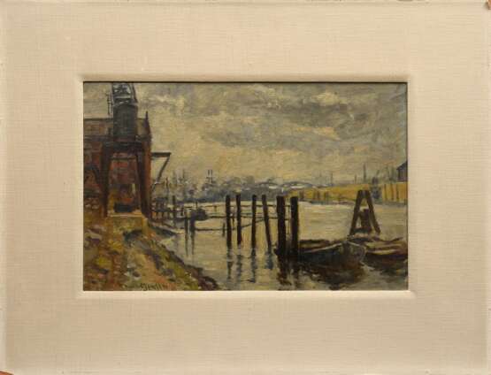 Jensen, Carl Hans (1887-1961) zugeschrieben "Hamburger Hafen" 1955, Öl/Malkarton, u.l. sign., 25,6x39,5cm (m.R. 45x58,3cm) - Foto 2