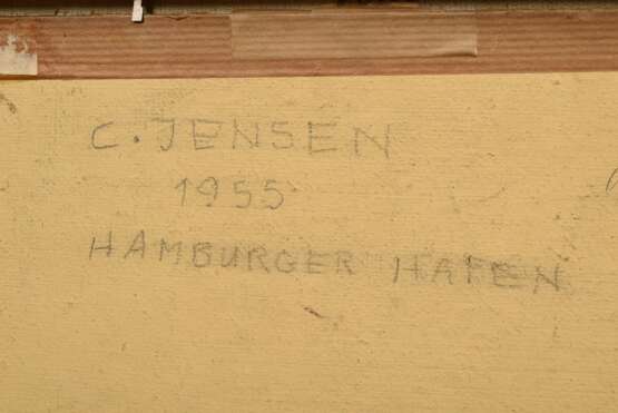 Jensen, Carl Hans (1887-1961) zugeschrieben "Hamburger Hafen" 1955, Öl/Malkarton, u.l. sign., 25,6x39,5cm (m.R. 45x58,3cm) - Foto 5