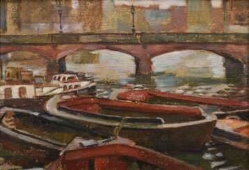 Rode, Heinrich (1906-1983) „Hamburger Fleet mit Brücke und Schuten“, Öl/Leinwand (Rupfen), u.l. sign., 35,7x50,5cm (m.R. 47x62cm)