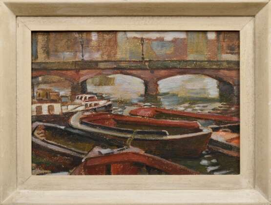 Rode, Heinrich (1906-1983) „Hamburger Fleet mit Brücke und Schuten“, Öl/Leinwand (Rupfen), u.l. sign., 35,7x50,5cm (m.R. 47x62cm) - photo 2