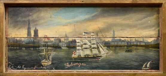 Gregersen, Julius (1860-1953) "Antwerpen" 1881, Öl/Holz, u.l. sign./dat., 30x69cm (m.R. 33x72,5cm), zweiteiliger Malträger, Defekte der Maloberfläche, leicht verschmutzt - фото 1