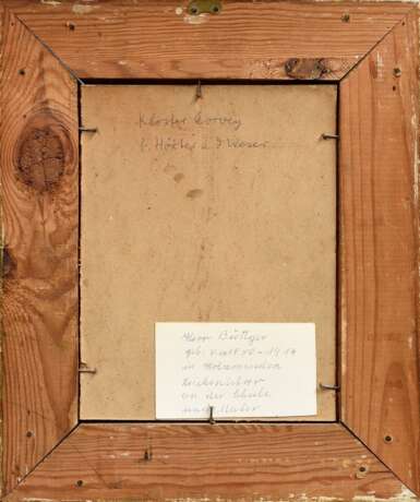 Büttger, Carl (1838-1919) "Weg zum Kloster Corvey bei Höxter", Öl/Malpappe, u.r. sign., verso bez., 23,5x18cm (m.R. 35,8x30cm), Pappe leicht gebogen, rest., kleine Defekte der Maloberfläche - photo 4