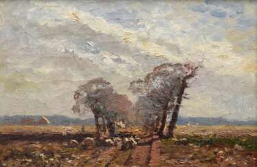 Kuchel, Max (1859-1933) &quot;Weite Landschaft mit Schafherde&quot;, Öl/Leinwand, 32x48,5cm (m.R. 46,5x62,5cm), Craquelé, Provenienz: Besitz des Künstlers