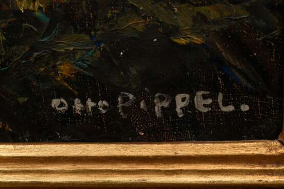 Pippel, Otto (1878-1960) „Vorfrühling am Tegernsee“, Öl/Leinwand, u.r. sign., verso betit./bez. und Klebeetikett "Galerie Commeter/Hbg.", Prunkrahmen, 110x120 (m.R. 118,5x128cm), Craquelé, Delle in der Leinwand… - Foto 5