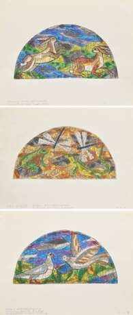 3 Ahlers-Hestermann, Tatiana (1919-2000) "Mosaik Entwürfe für eine Supraporte in einer Siedlung" (Maßstab 1:4), Pastellkreide/Bleistift auf Transparentpapier, auf Papier kaschiert, je sign./bez., ca. 15,5x31cm … - Foto 1