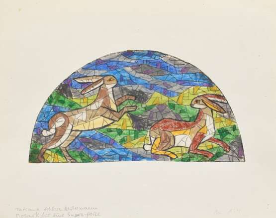 3 Ahlers-Hestermann, Tatiana (1919-2000) "Mosaik Entwürfe für eine Supraporte in einer Siedlung" (Maßstab 1:4), Pastellkreide/Bleistift auf Transparentpapier, auf Papier kaschiert, je sign./bez., ca. 15,5x31cm … - photo 3