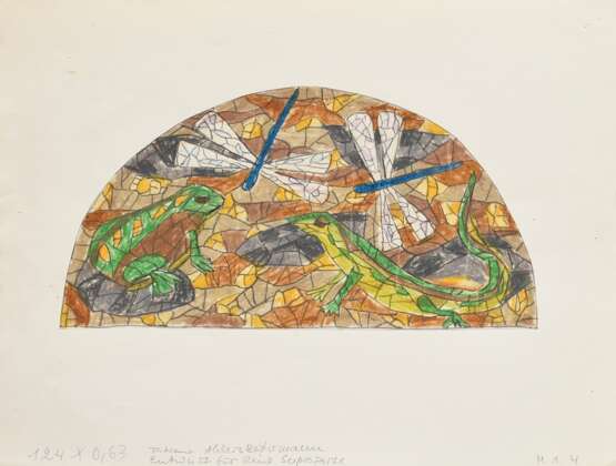 3 Ahlers-Hestermann, Tatiana (1919-2000) "Mosaik Entwürfe für eine Supraporte in einer Siedlung" (Maßstab 1:4), Pastellkreide/Bleistift auf Transparentpapier, auf Papier kaschiert, je sign./bez., ca. 15,5x31cm … - photo 5