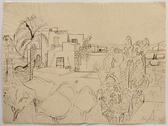 Bargheer, Eduard (1901-1979) "Südliche Landschaft mit Häusern" 1940, Tinte, u.r. sign./dat., verso "Kopfstudie" Rötelskizze, beidseitig bemalt, 31,6x42,5cm, leicht fleckig, Altersspuren - Foto 1