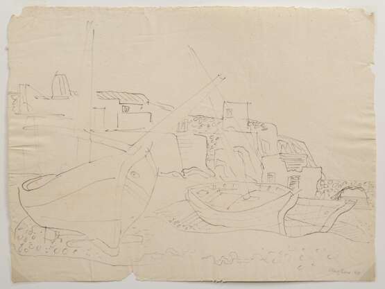 Bargheer, Eduard (1901-1979) "Zwei Boote am Strand" 1940, Tinte, u.r. sign./dat., 32x42,5cm, min. fleckig, Randdefekte - photo 1