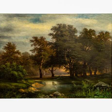KRIEHUBER, Josef, ZUGESCHRIEBEN (Wien 1801-1876 Wien), "Romantische Landschaft mit Bäumen an einem Weiher", - Foto 1
