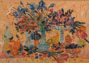 Klosowski, Alfred (*1927) &quot;Stillleben mit Blumen, Vasen und Früchten&quot;, Aquarell/Pastellkreide auf braunem Tonpapier, u. sign., 67x97cm (m.R. 89,5x119cm)