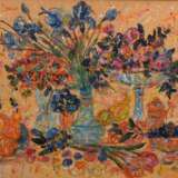 Klosowski, Alfred (*1927) "Stillleben mit Blumen, Vasen und Früchten", Aquarell/Pastellkreide auf braunem Tonpapier, u. sign., 67x97cm (m.R. 89,5x119cm) - Foto 1