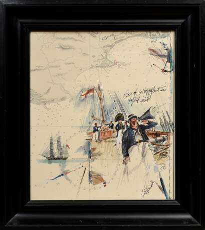 Schmischke, Kurt (1923-2004) "Ease off Leetopgalant and topsail sheets", Feder/Aquarell/Bleistift auf Seekarte, u.r. sign., 41x35,3cm (m.R. 51,5x46cm) - photo 2