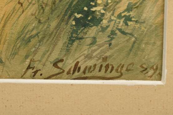 Schwinge, Friedrich (1852-1913) "Feldrain im Sommer" 1889, Aquarell, u.r. sign./dat., verso Klebeetikett "Kunsthandlung Alfred Lochte/Hbg.", 25x35cm (m.R. 42,8x53,3cm), leicht vergilbt - photo 3