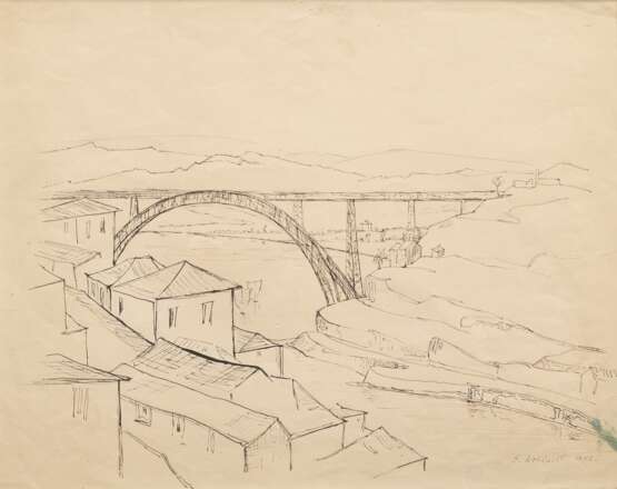 Wohlwill, Gretchen (1878-1962) „Ponte Dom Luís I über den Douro bei Porto“ 1942, Tinte, u.r. sign./dat., 31,7x38,8cm (m.R. 49,8x55,8cm), min. fleckig - фото 1