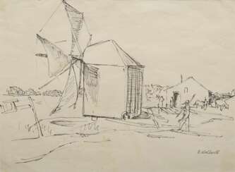 Wohlwill, Gretchen (1878-1962) „Dorf mit Windmühle“ (Portugal), Tinte, u.r. sign., 23x31,7cm (m.R. 40,5x48,3cm), leicht fleckig